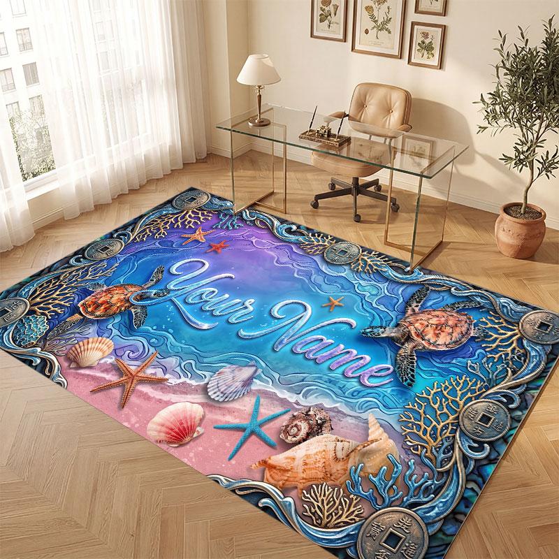 Octopus Sea Life Theme Crystal Velvet Floor Rug Personalized Custom Name Text Warm Carpet Home Decoration