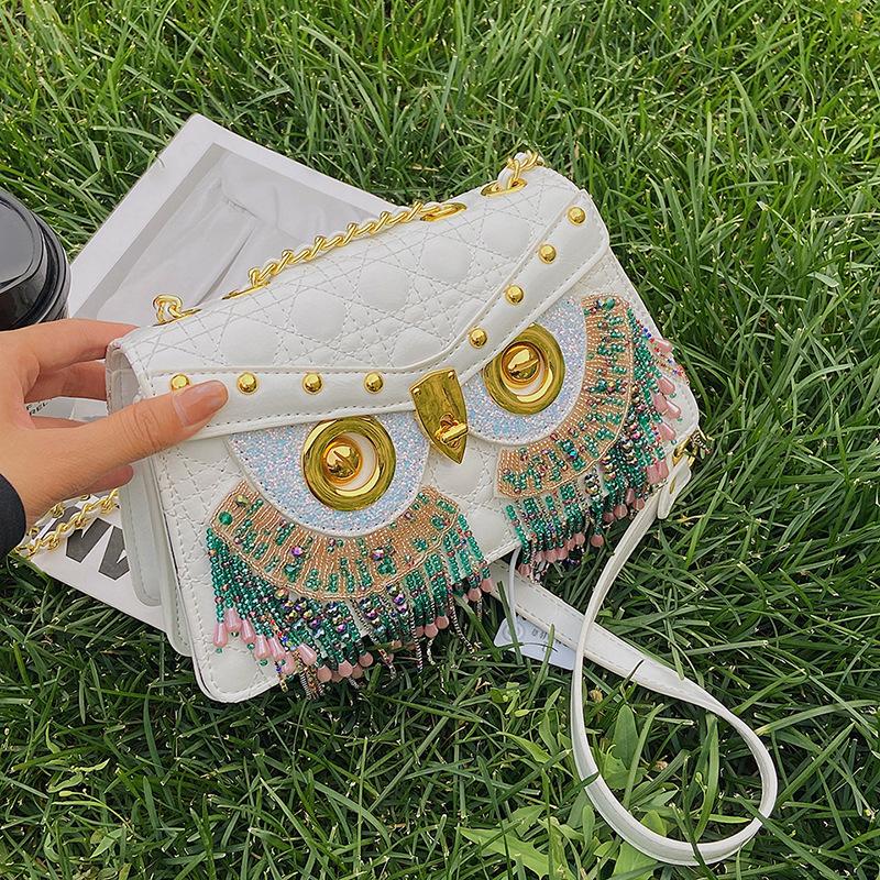 Smaak dames tas gepersonaliseerde diamant vierkante tas trend 2025 nieuwe mode uil schoudertas met franjes tas