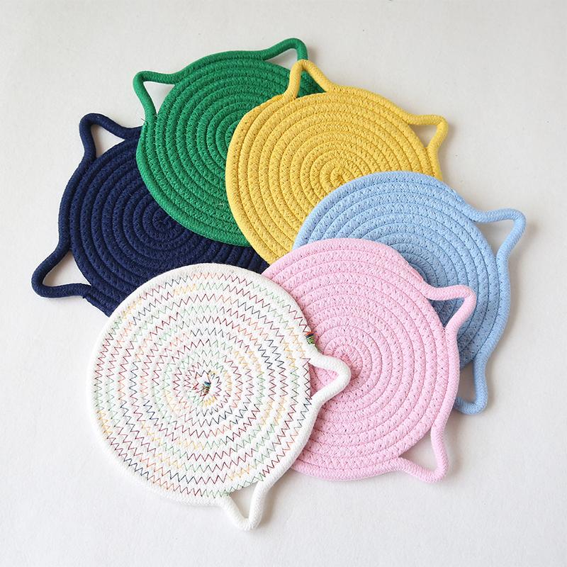 1Pc Cotton Rope Woven Insulation Pad Design Dining Table Tray Mat Insulation Pad Cartoon Cat Ear Shaped Solid Color Dining Table