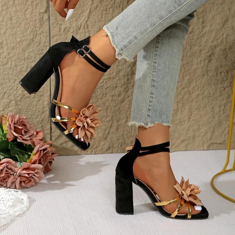 Women's Square Head Open Toe Flower Fine Strap Non-slip Wear Resistant Chunky Heels Party Super High Heel Sandals