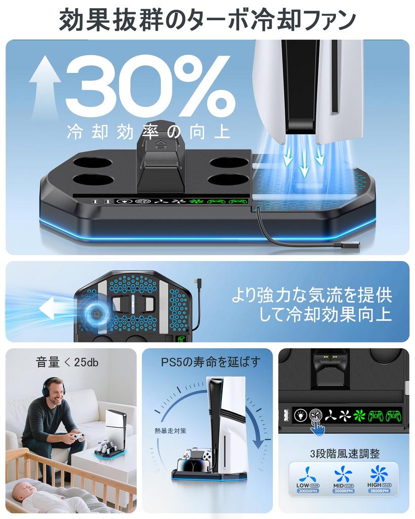 Compatible with PS5 PS5 Vertical Cooling Stand with 3 Adjustable Air Charges Two Heat LED RGB New PlayStation 5 Black Pro/PS5 Slim/PS5, Speeds,