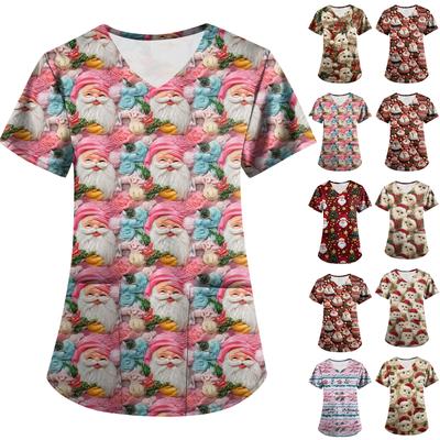 Plus SizeWzorzysty Strój Roboczy Bluzki Dla Kobiet Krój V-Neck z Nadrukiem Krótki Rękaw Zabawne T-Shirty Odzież Robocza Tee z Kieszeniami
