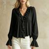 Damen Langarm Casual Bluse Lockerer Schnitt Rüschenbesatz V-Ausschnitt Hemd Glockenärmel Leichtes Oberteil für den Alltag