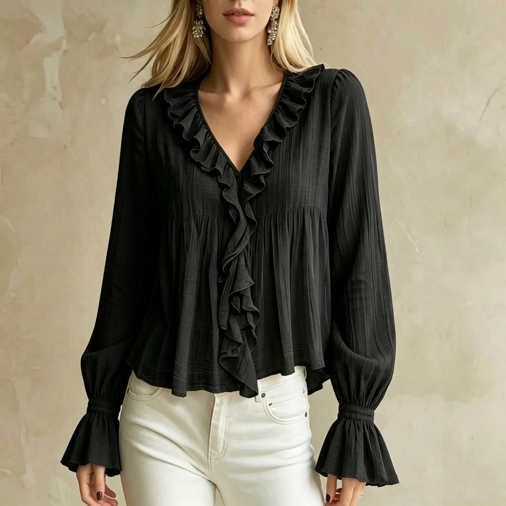 Damen Langarm Casual Bluse Lockerer Schnitt Rüschenbesatz V-Ausschnitt Hemd Glockenärmel Leichtes Oberteil für den Alltag