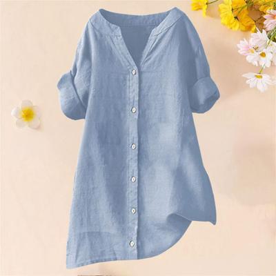 Yousheng Women Shirt V-neck Short Sleeve Buttons Placket Shirt Tops Solid Color Loose Fit Casual Blouse Daily Wear