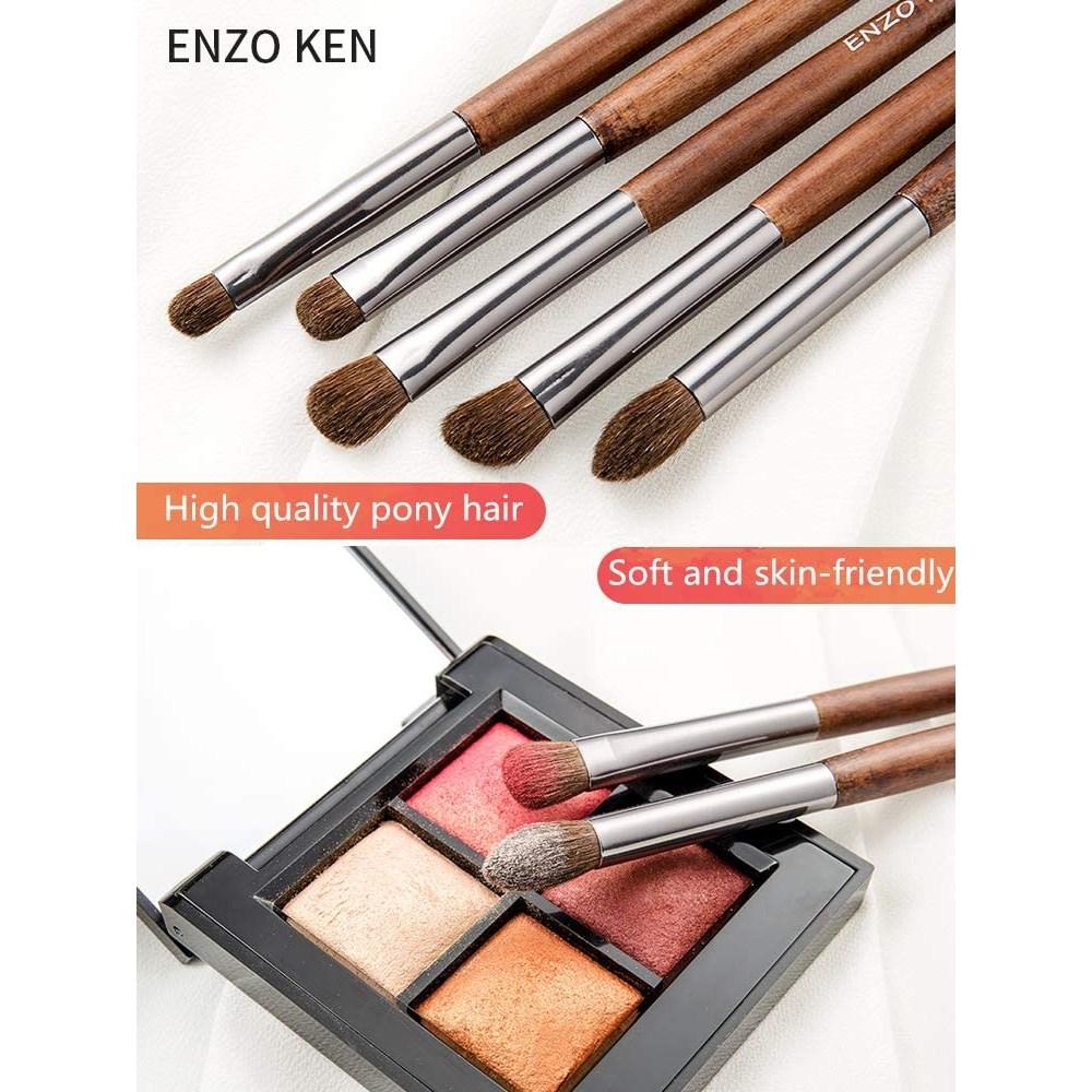 Set de pensule pentru fard de pleoape din lemn cu păr natural cu husă de machiaj - ENZO KEN Professional - E100, E100_Set de perii pentru ochi