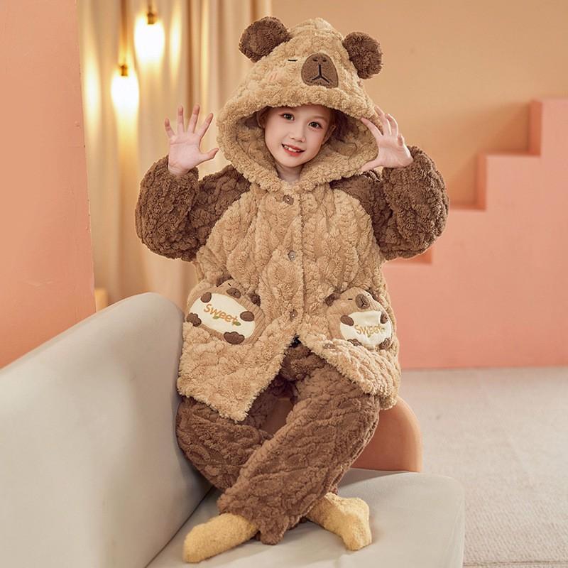 Girls Winter Warm Coral Fleece Pajama Set 3-Layer Quilted Sleepwear Cartoon Animal Print Kid Home Outfit