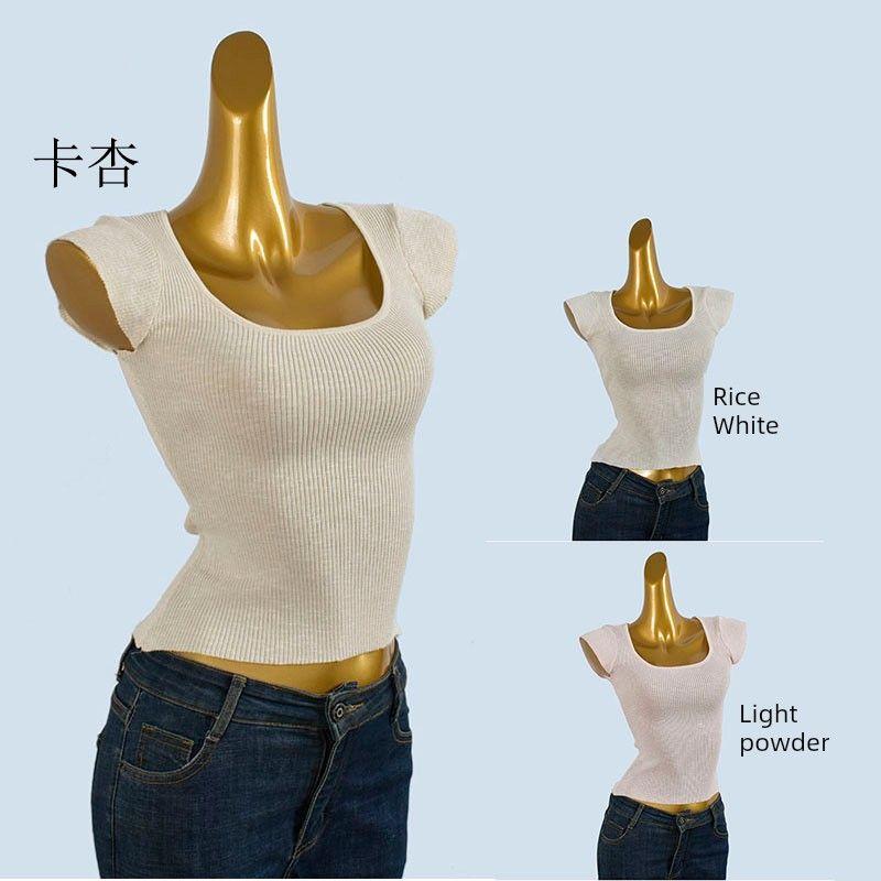 Sweet Flattering Western Style Summer Knitted Feifei Short sleeve Women Slimming Solid Slub Linen All-Match Bottoming Shirt Top