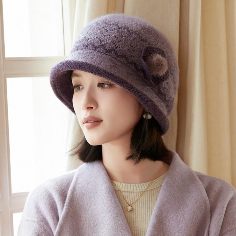 Rabbit wool knitted bucket hat temperament fleece basin hat middle elderly mother elegant warm wool hat