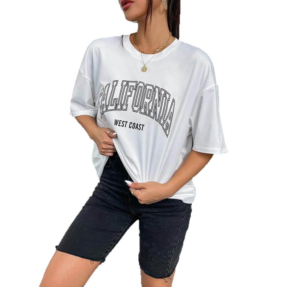 Women's Pure Cotton Loose Half-Sleeve Round Neck T-shirt with English Print - Spring/Summer European and American Style