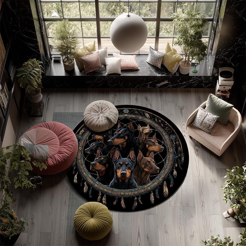 Dreamcatcher Dog Round Area Rug,Carpet Rug for Living Room Bedroom Sofa Playroom Decor,Non-slip Floor Mat