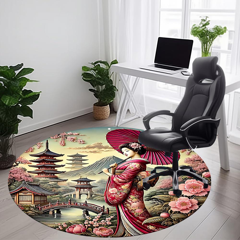 1PCGeisha Blossoms Office Round Area Rug,  Mat Suitable For Office, Under Office Chairs Bedroom Living Room Home Decor, Room Deco