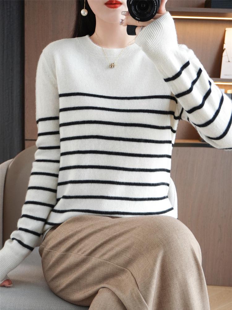 Women's Designer Striped Wool Knit Sweater - Contrasting Colors, Round Neck