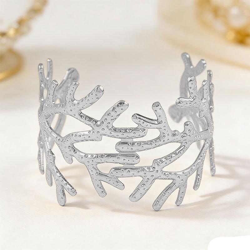 European & American Coral Branch Hammered Texture Wide Cuff Bracelet - Women's High-End Open Bracelet Jewelry