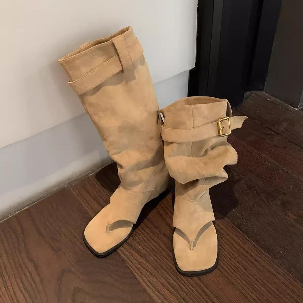 Cowhide Version~ Grape Mother Open-toed Western Cowboy Boots Pinch-toe Stacking Boots Pinch-toe Cold Boots Flat Bottom Inner Height-increasing Boots