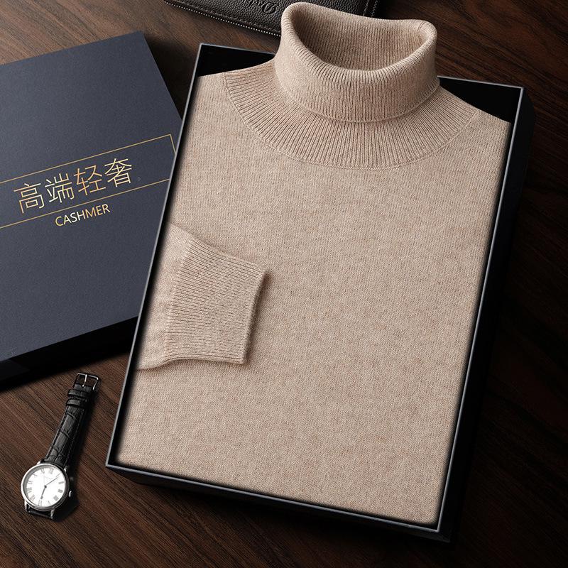 Men's High Neck Cashmere Sweater - Solid Color, Long Sleeve Knitwear for Casual and Business Wear
