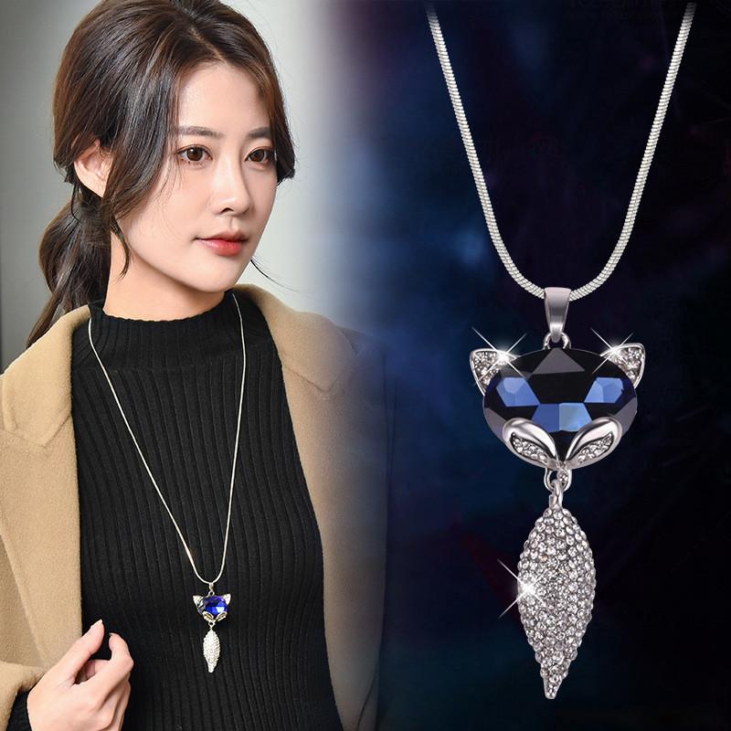 Stylish Womens Fox Charm Sweater Chain Necklace With Sparkling Crystal Accents And Alloy Material