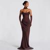Women Brown Halter Neck Mesh Sleeve Maxi Dress