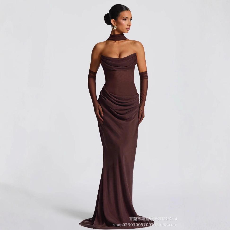 Women Brown Halter Neck Mesh Sleeve Maxi Dress