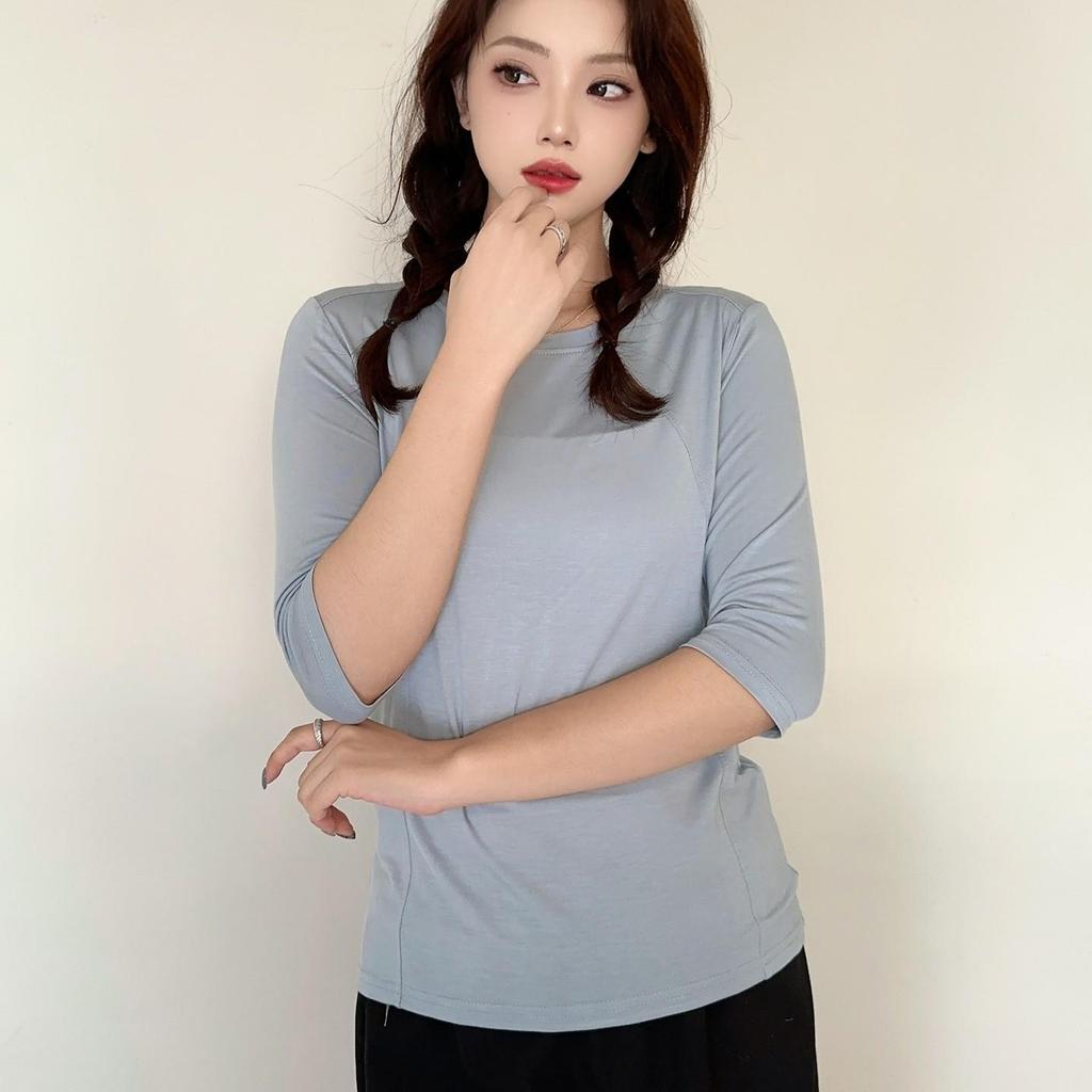 Modal Spliced O-neck T-shirt Half Sleeves Solid Color Women Base Layer Top Slimming Undershirts Basic Tee Tops All Match