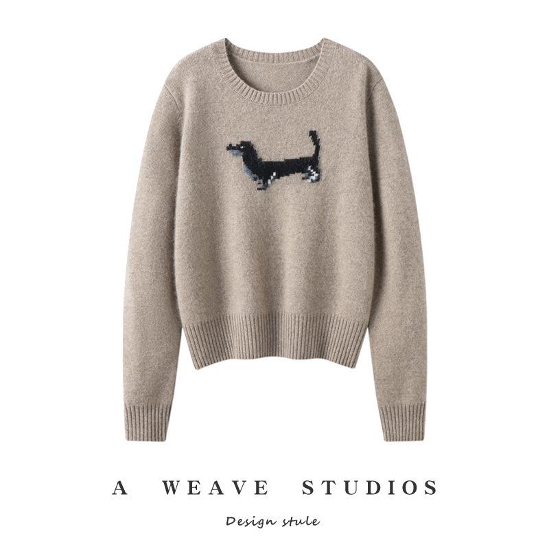 Women's Korean Style Black Dog Jacquard Cashmere Knit Sweater - Slimming, Warm, and Loose Fit for Autumn/Winter