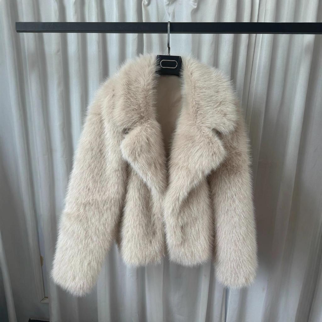 Damen Lapel Kragen Langarm Kunstpelzmantel Lockerer Schnitt Lässige Winter Kurze Jacke