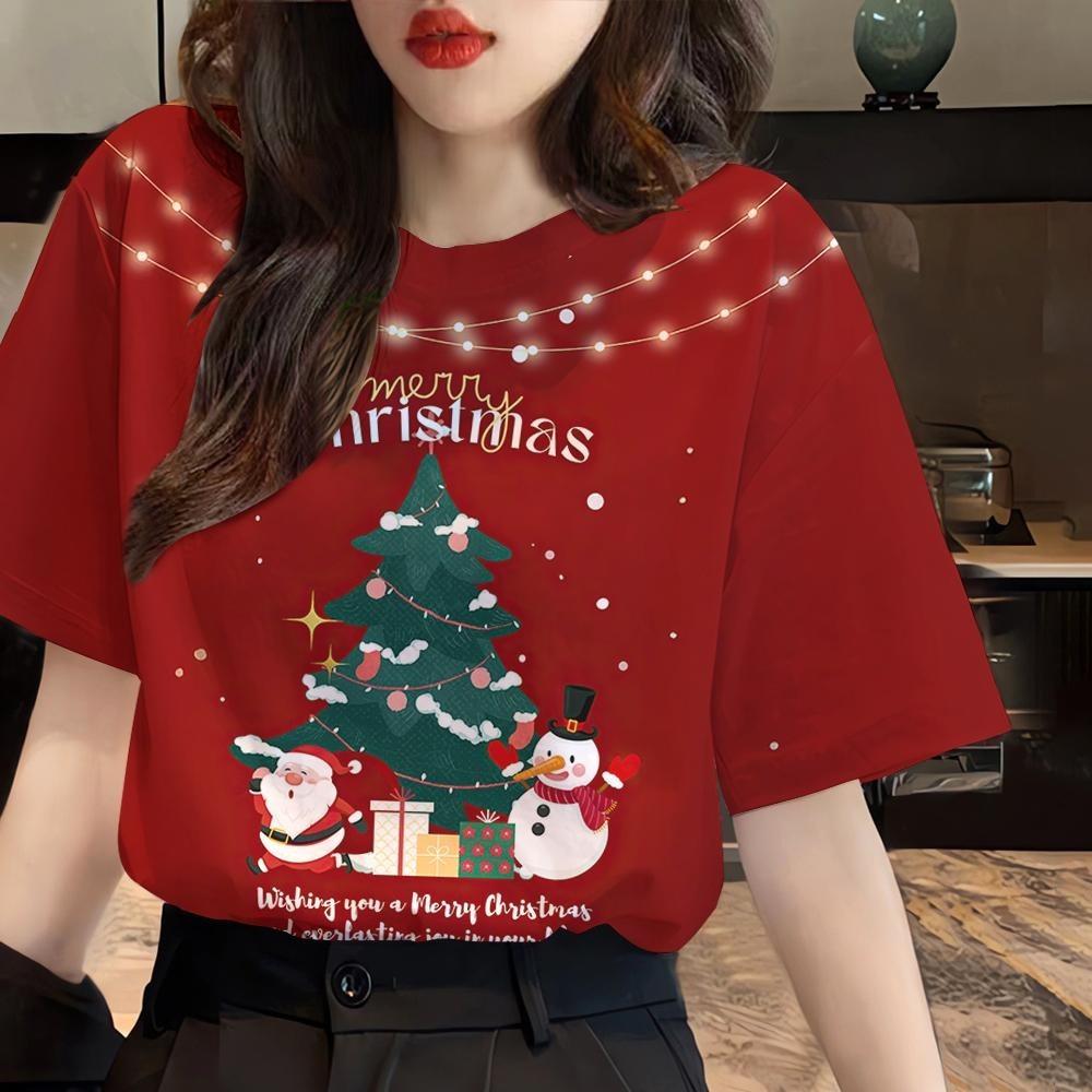 Christmas T-shirt Women's Santa Claus Printed T-shirt Fully Sublimation Fashion T-shirt Top