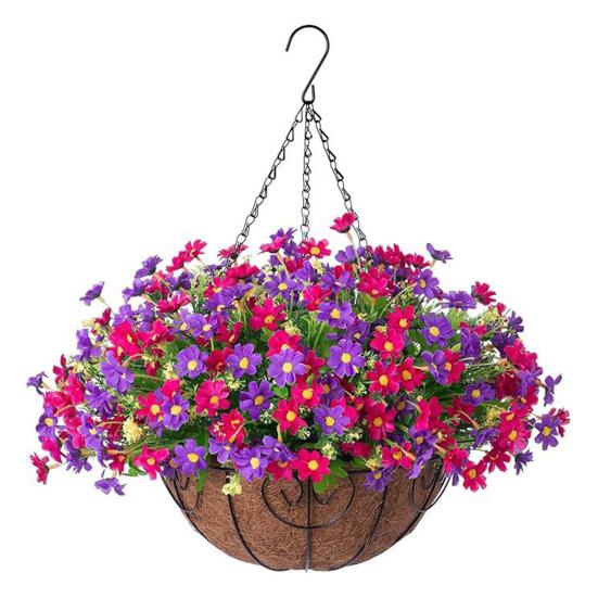 Yousheng Artificial Hanging Flowers Basket UV Resistant Outdoor Fake Hanging Plants Colorful Faux Silk Flowers Eucalyptus In Basket for Porch Patio
