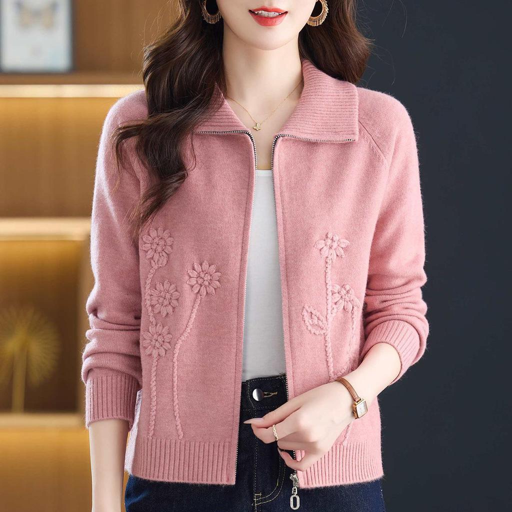 Women's Short Cardigan Sweater - 2025 Spring/Autumn Fashion, Loose Knitted Zipper Jacket for Moms