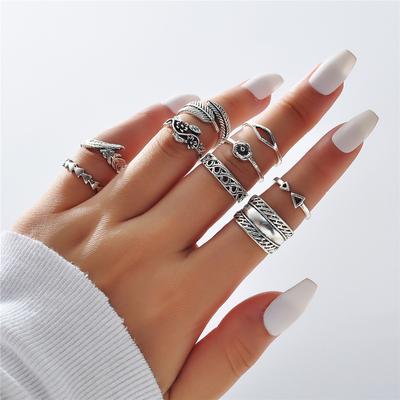 Anillo de conjunto de 10 piezas de combinación de plumas triangulares de piedras preciosas exageradas retro, anillo de articulación nuevo en Europa y América
