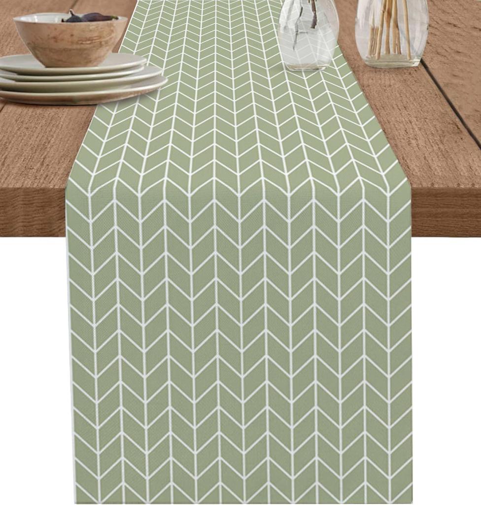 Sage Green Geometric Linen Table Runner Dresser Scarf Table Decor Modern Geometric Stripes Table Runners for Holiday Party Decor