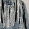 Womens Oversized Distressed Denim Jacket With Sequins Loose Fit Streetwear Long Sleeve Stand Collar