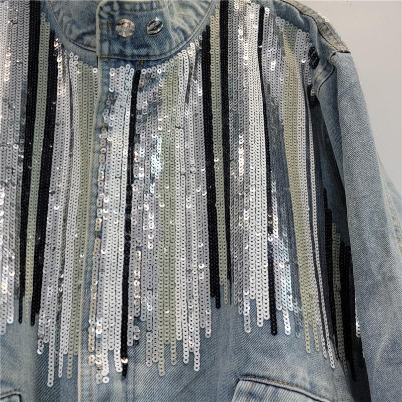 Womens Oversized Distressed Denim Jacket With Sequins Loose Fit Streetwear Long Sleeve Stand Collar