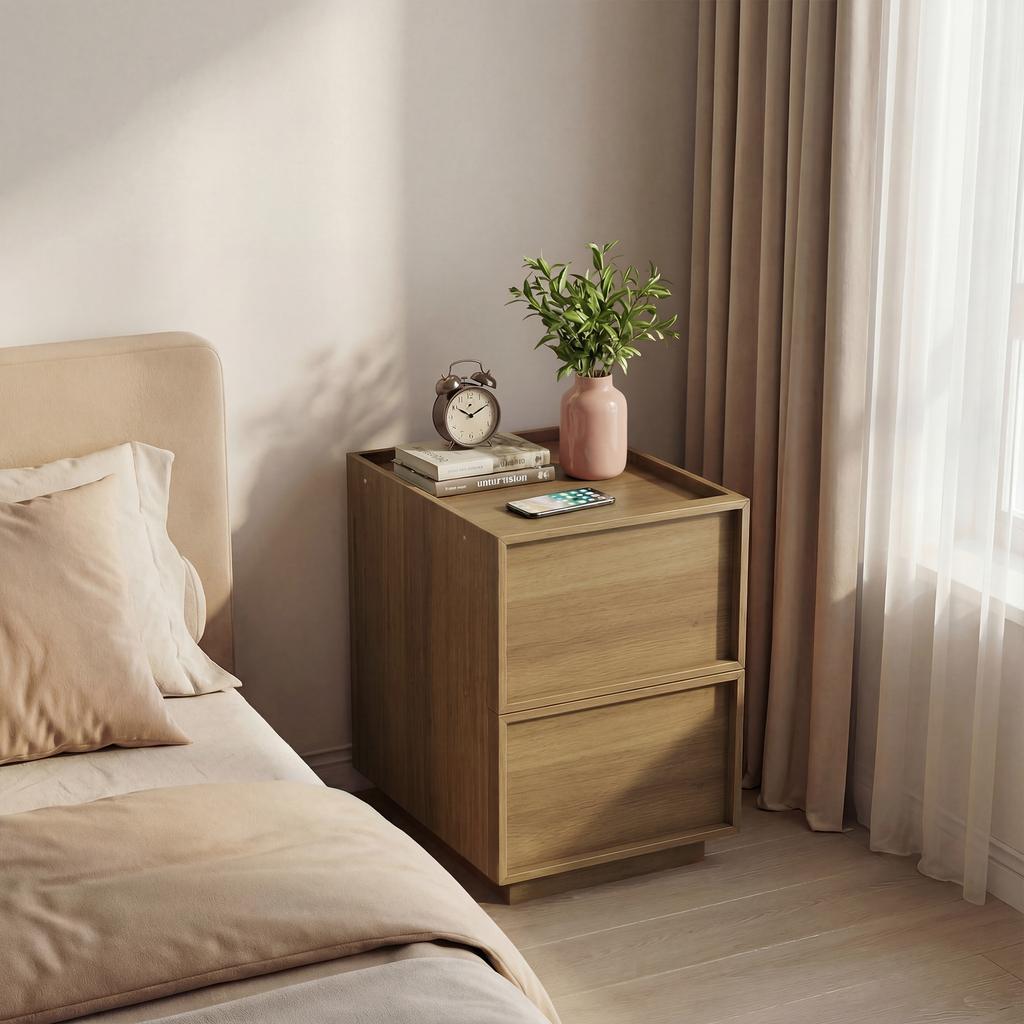 Mid-Century Modern Nightstand made of Oak, 38 x 48x 50 cm, Bedroom Nightstand, Handleless Drawer Design, 1 Piece.