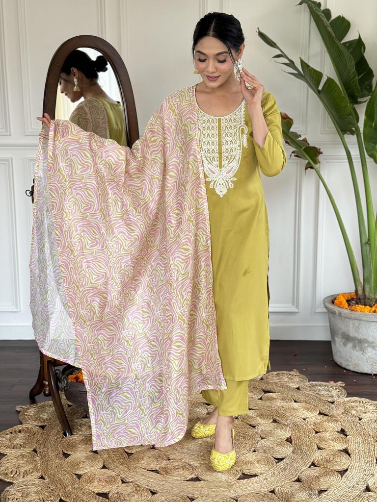 Indian Designer Slub Kurta Pant Dupatta Set Women Bollywood Top Tunic Kurti Salwar Kameez