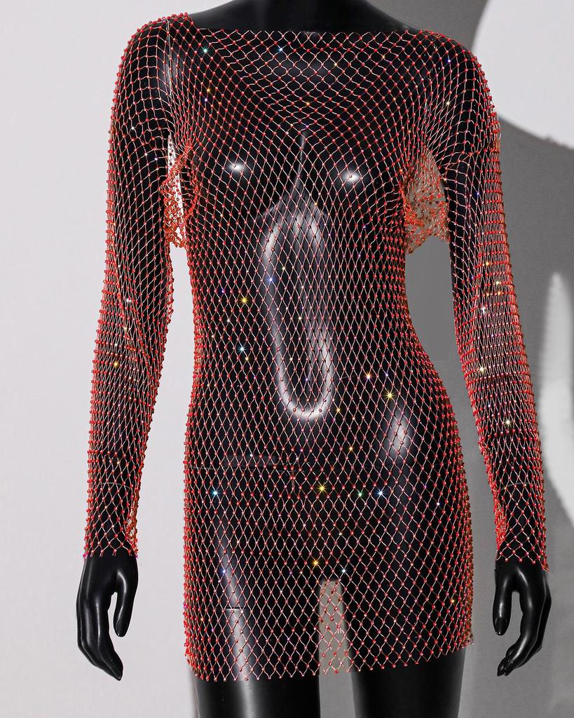 Damen Strass Fischnetz Rückenfreies Langarm Sexy Überwurfkleid