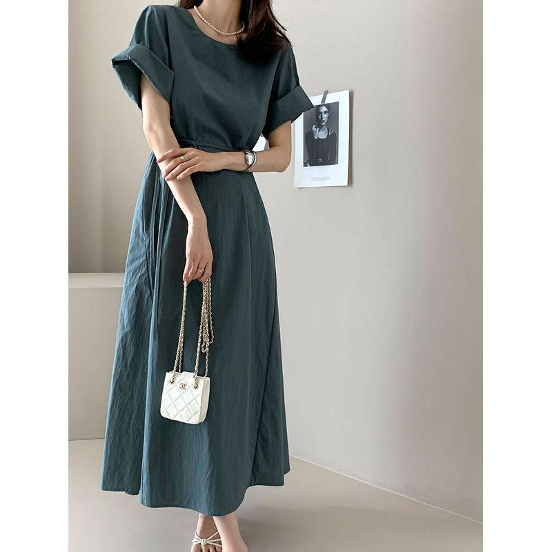 

New Arrival Women s Clothing Normcore Niche Style Temperament Crew Neck Lace-up Waist-Controlled Slimming Mid Length Long Length Short Sleeve Dress Blue M