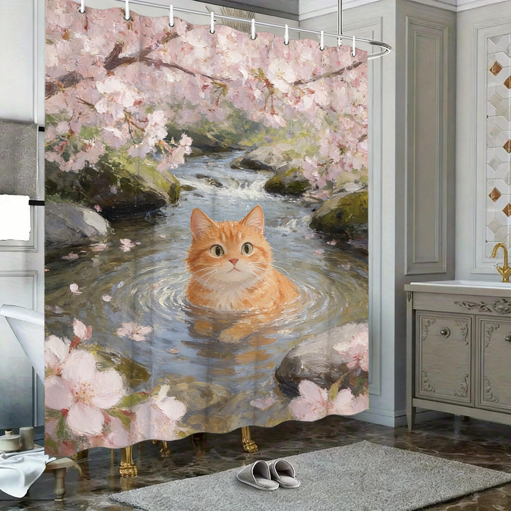 

Oil Painting Black And White Cat In Pond With Water Lilies & Fireflies Waterproof Shower Curtain For Bathroom Decor W60H190(CM)-1 Pcs