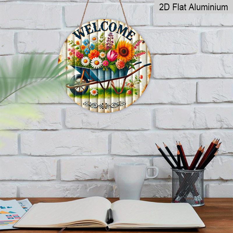 2D Flat 1pc, 8x8 in, Rustic Garden Welcome Sign with Vintage Unicycle & Colorful Flowers - Durable Aluminum Metal Wall Art for Outdoor Patio, Garage