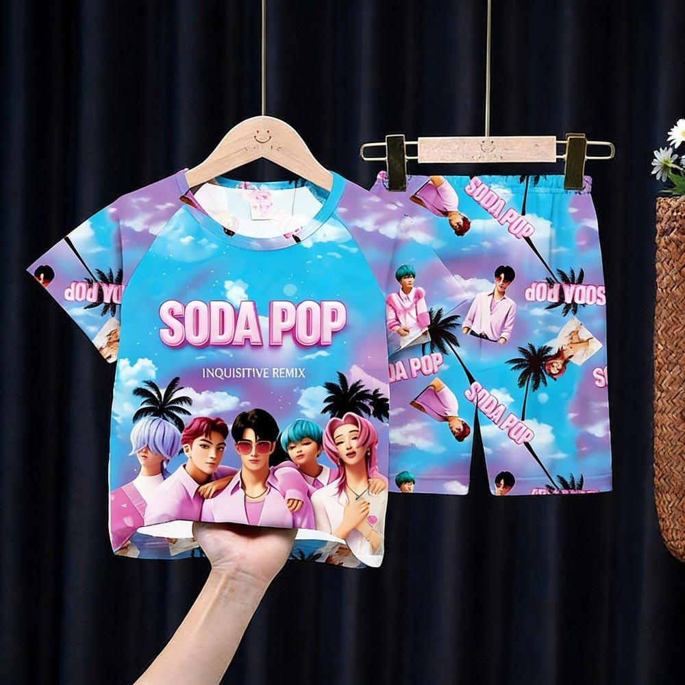 Kids Girls Boys 2PCS Pajamas Set K-pop Style Anime Short Sleeve T-shirt + Shorts Summer Comfortable Children Homewear Nightwear