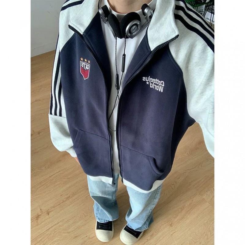 Mens Retro Varsity Jacket Color Block Loose Fit Casual Streetwear