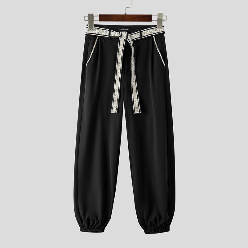 INCERUN Men Autumn Embroidery Belt Zip-up Waist Stitching Long Harem Pants Trousers