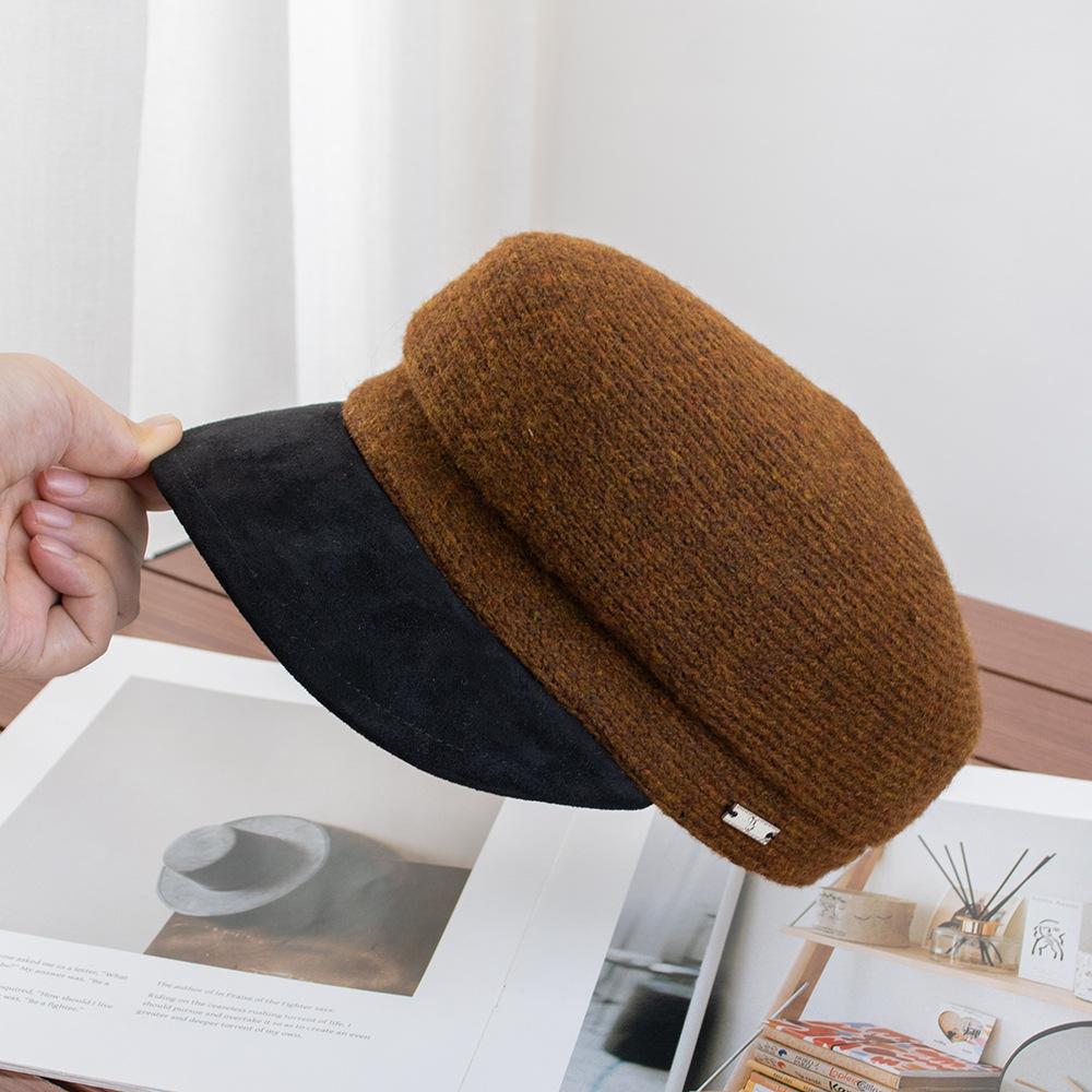 Old Money Woolen Color Matching Flat Top Hat Female Autumn Face Small Octagonal Hat Socialite Casual Beret Newsboy Hat