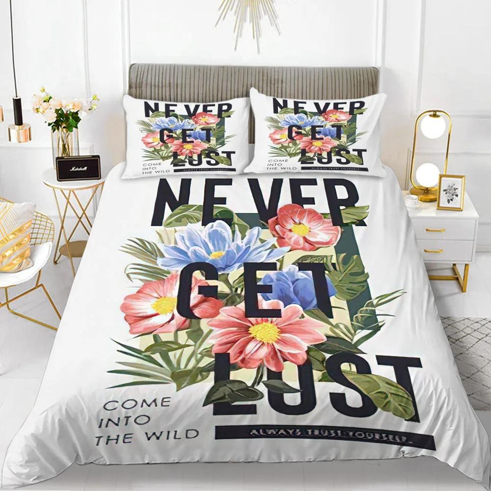 Alphabet Flower Duvet Cover Set Microfiber Flowers Be Your Best Pattern Bedding Set For Teens Girls King Size Soft Quilt Cover