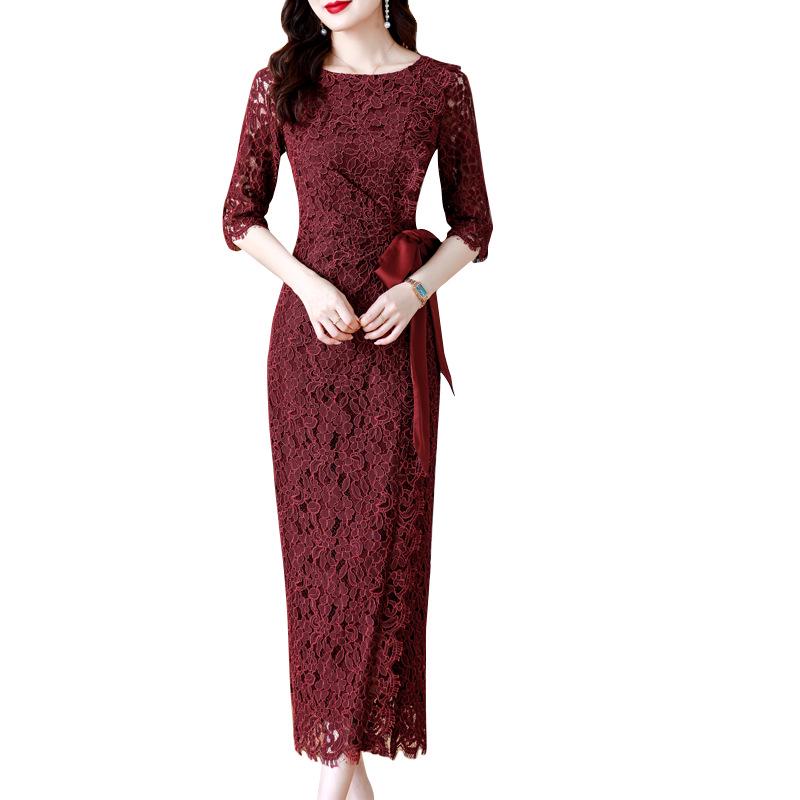 2023 Summer Wine Red Retro Lace Evening Dress