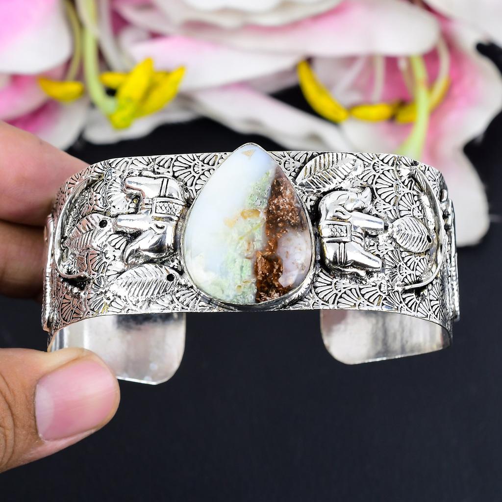 Chrysoprase Gemstone Handmade 925 Sterling Silver Cuff Bangle Adjustable KG-1871