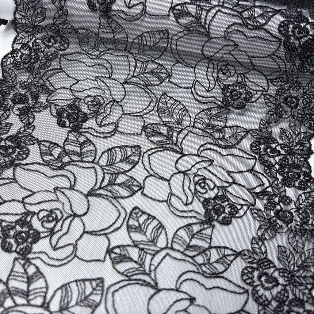 Elastic Net Embroidery Lace, 1m X 21cm, Black Stretchy Tulle Lace Trim for Lingerie, Bra, Underwear, Dress, Garment, Sewing & Crafting