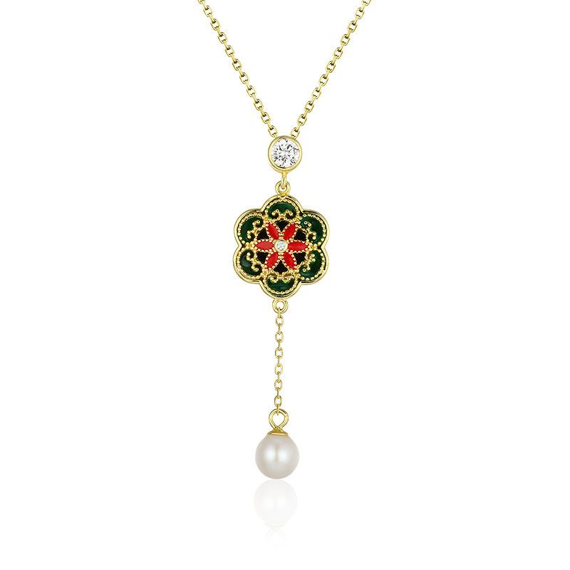 

New 925 New Chinese Lotus Ladies Sweater Chain Horse Dress Pearl Necklace 925 silver