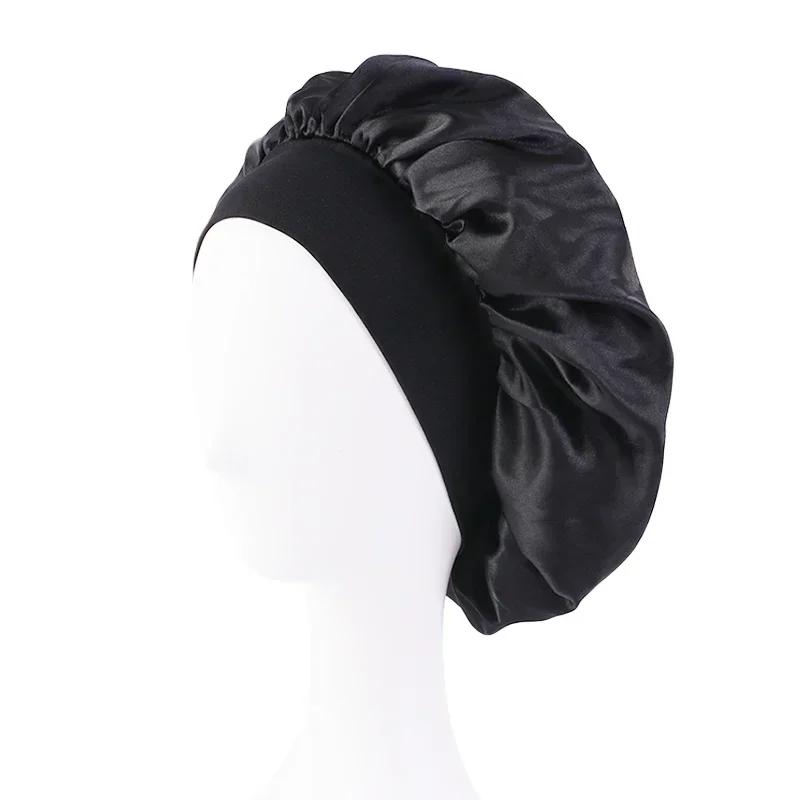 1 PC Satin Wide Brim Nightcap Silky Bonnet Hair Wrap for Sleeping Sleep Cap with Elastic Soft Band Shower Cap Silk Bonnet