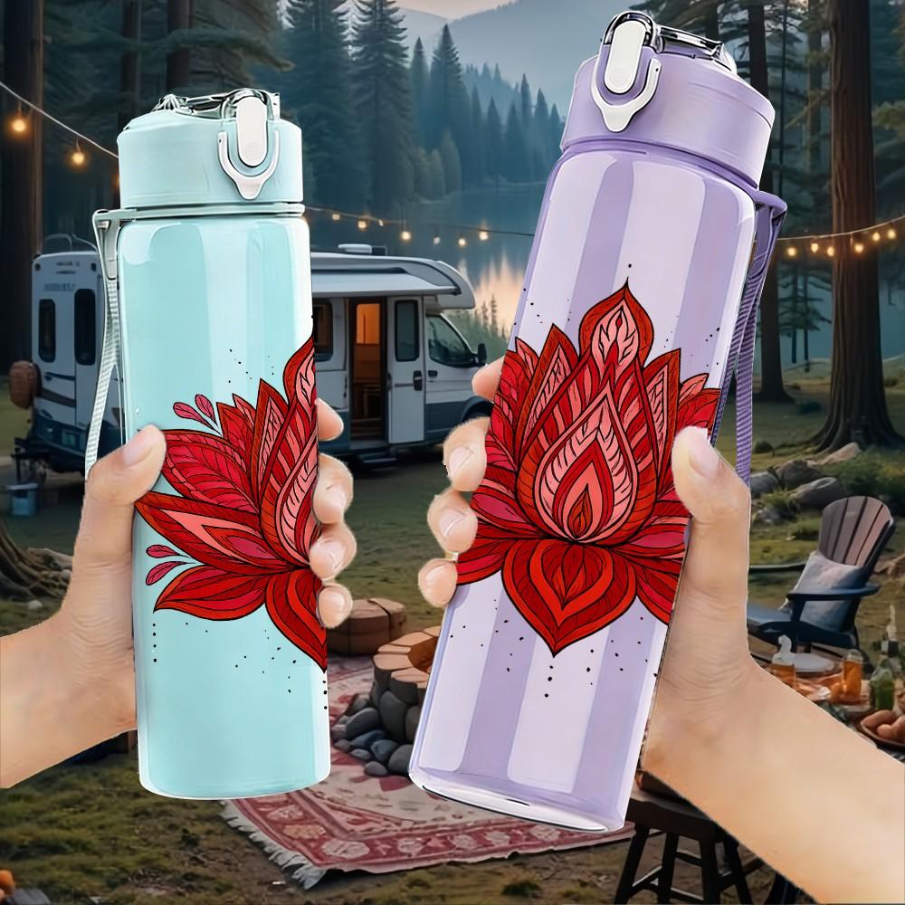 1PC Red Lotus Flower Mandala 750ml Color Plastic Sports Water Bottle Leakproof Flip Straw Lid Suitable for Sports Office Home Use